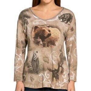 Cactus Bear Alaska Tan 3/4 Sleeve Blouse with Embellishments